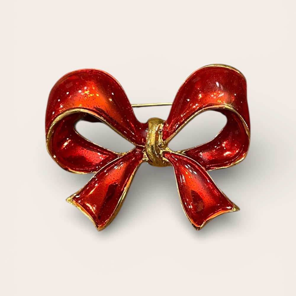 Vintage Red Enamel Gold Tone Bow Brooch Pin Estate Holiday Christmas Festive